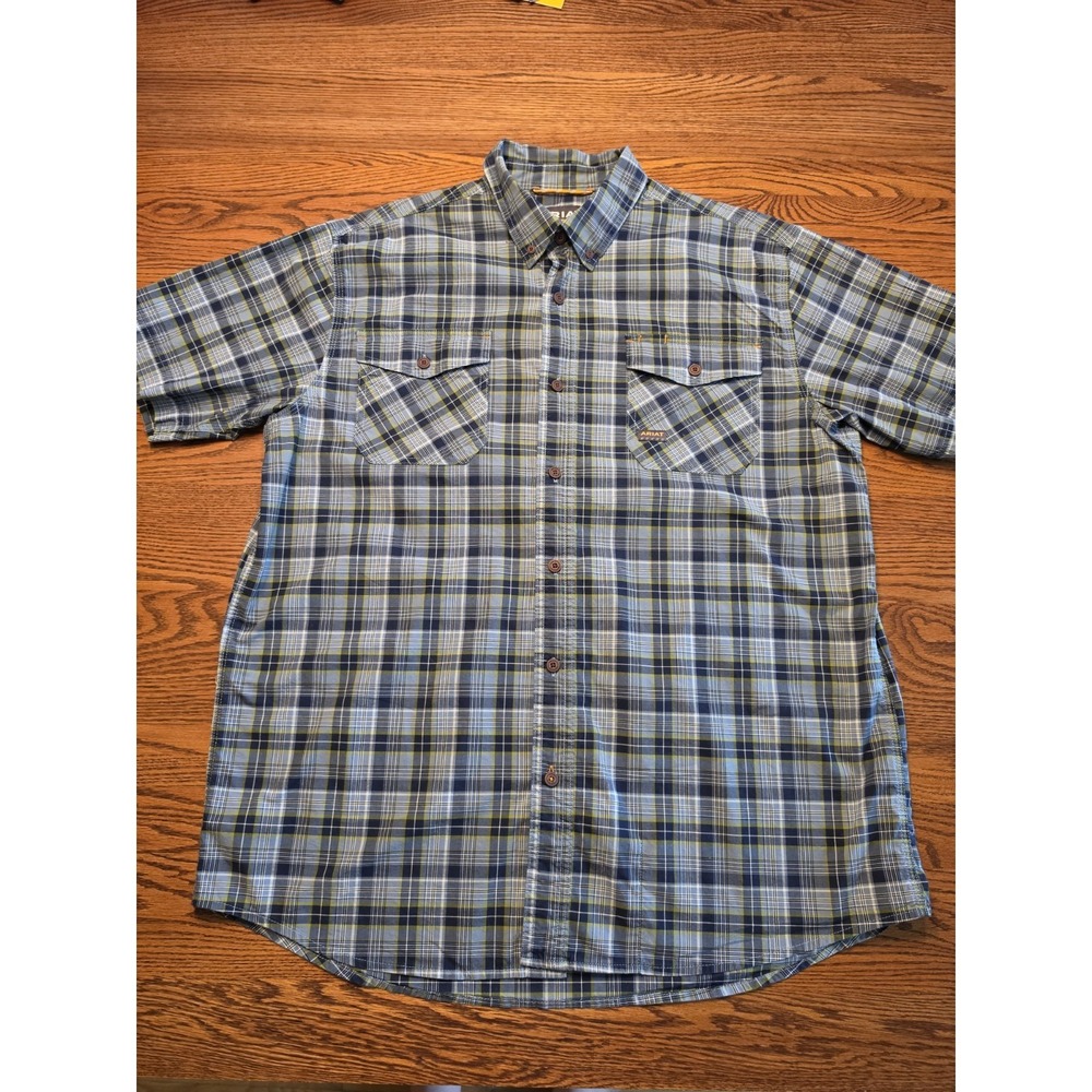 Ariat Rebar Shirt Men's Large Blue Plaid Button Up Pocket Short Sleeve Workwear